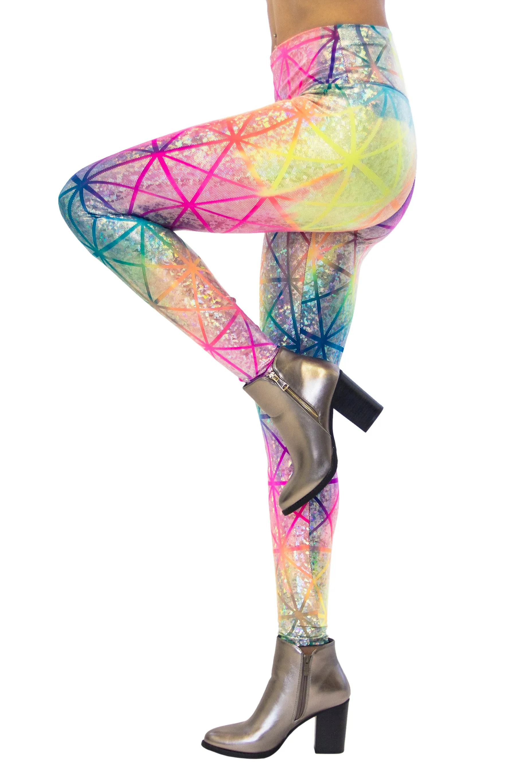 Women's Rainbow Geo Holographic Leggings - Unicorn Rainbow