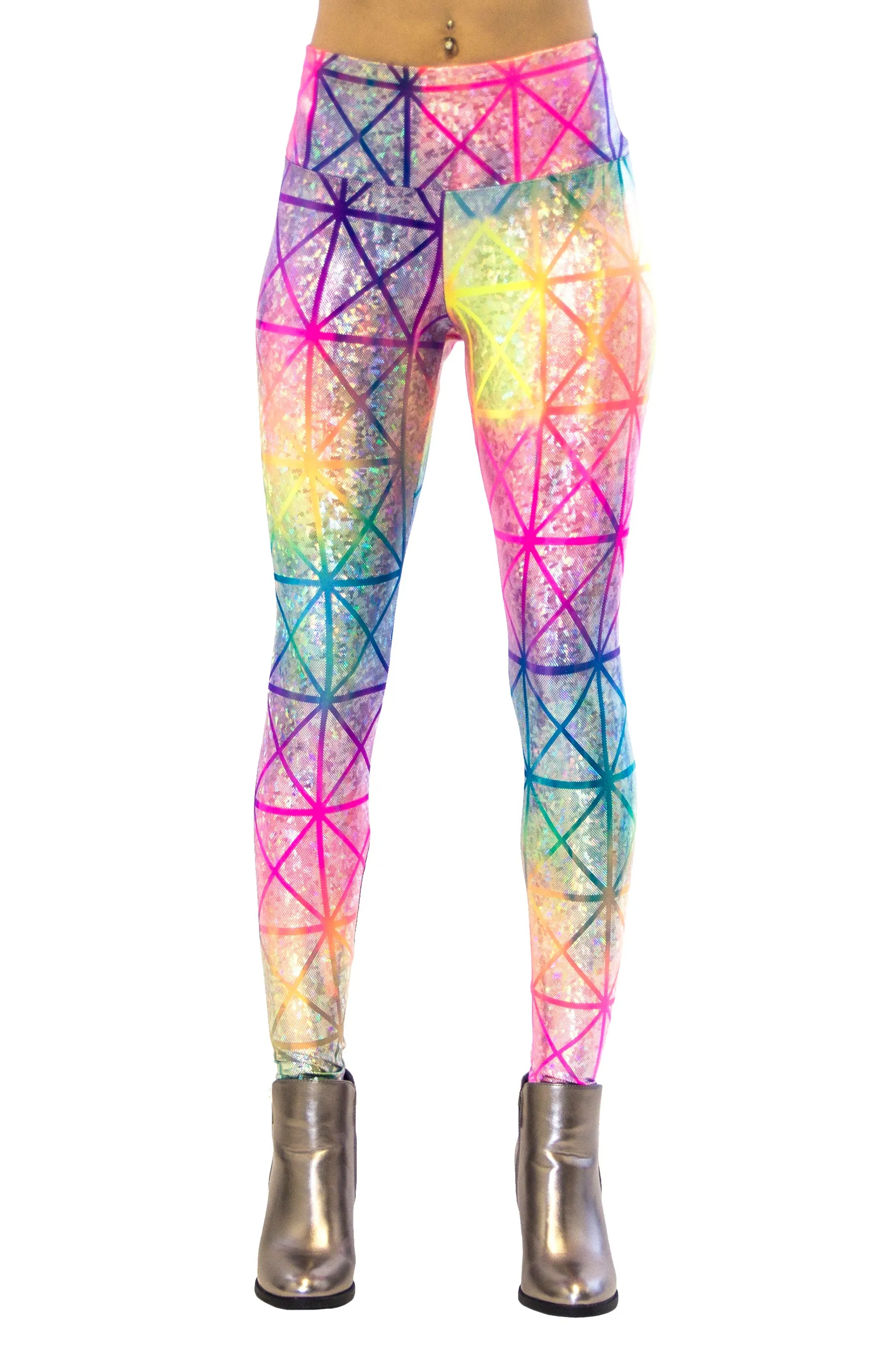 Women's Rainbow Geo Holographic Leggings - Unicorn Rainbow