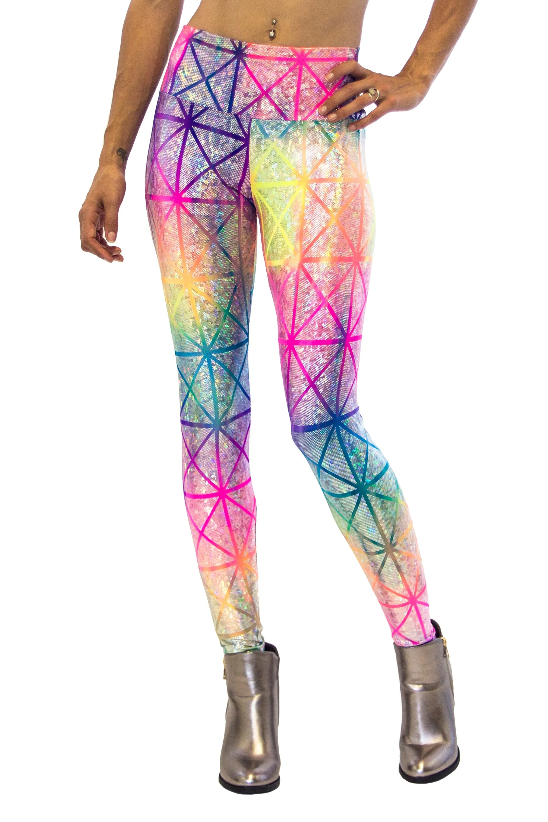 Women's Rainbow Geo Holographic Leggings - Unicorn Rainbow