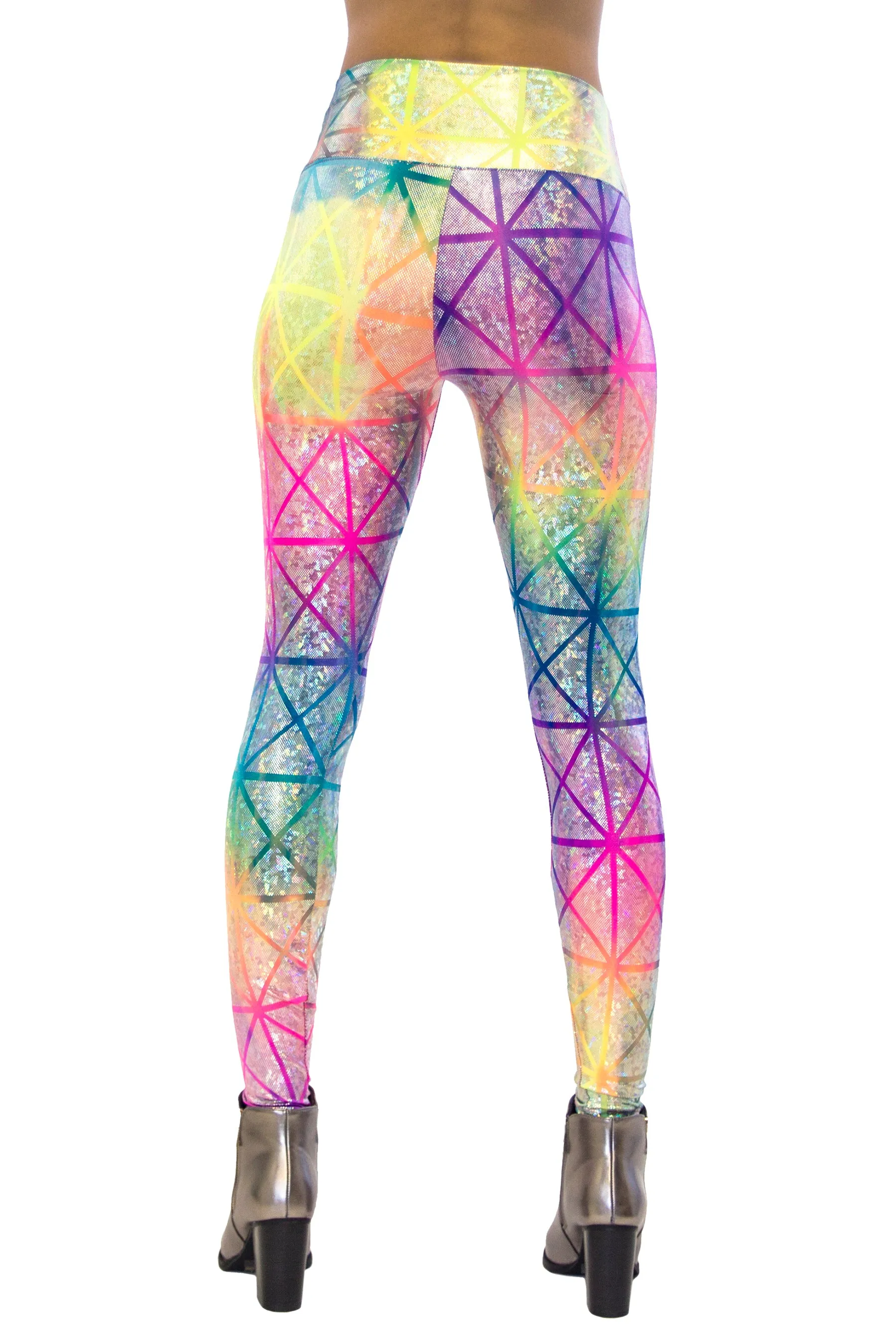 Women's Rainbow Geo Holographic Leggings - Unicorn Rainbow