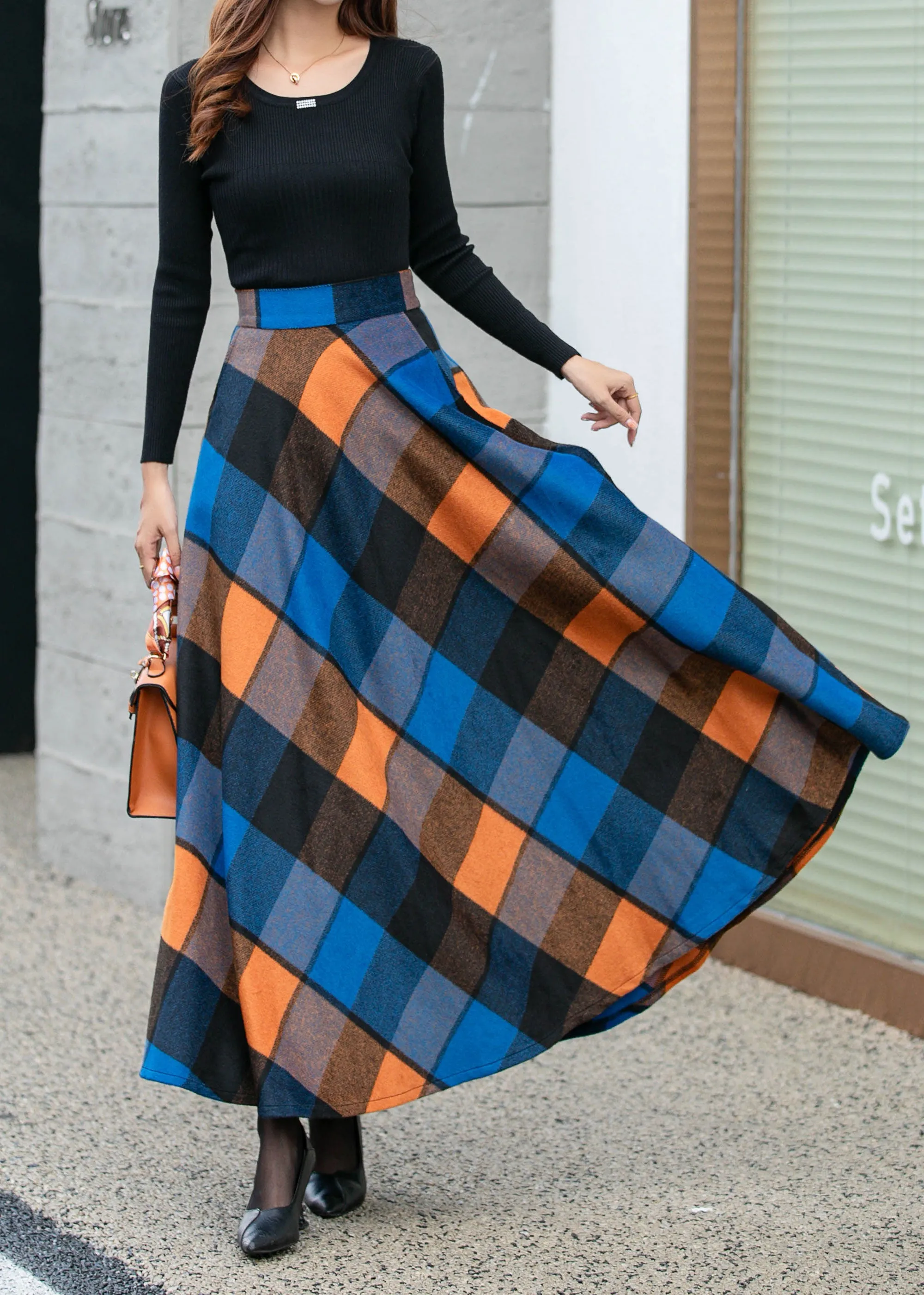 Womens winter plaid long wool skirt 4677