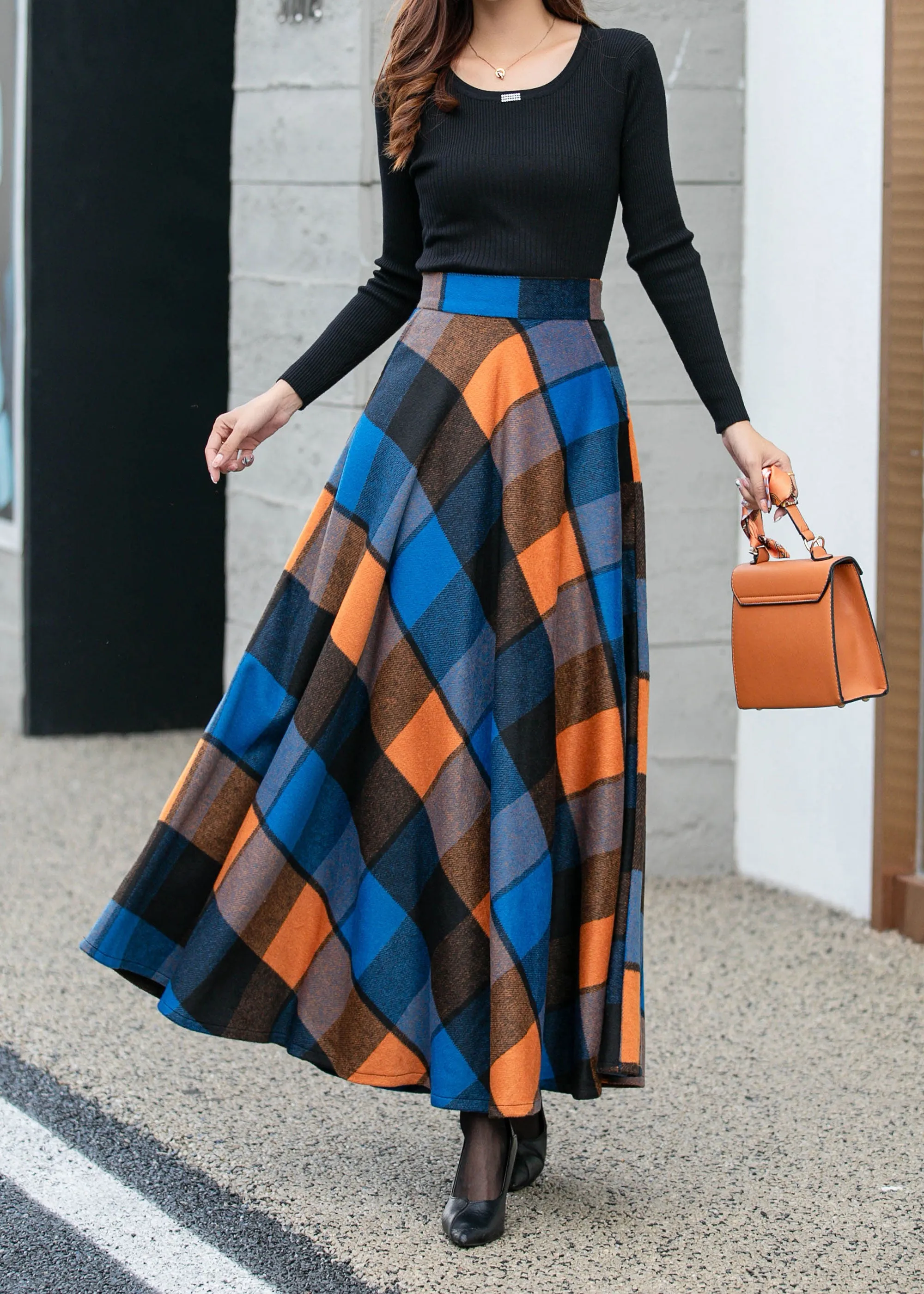 Womens winter plaid long wool skirt 4677