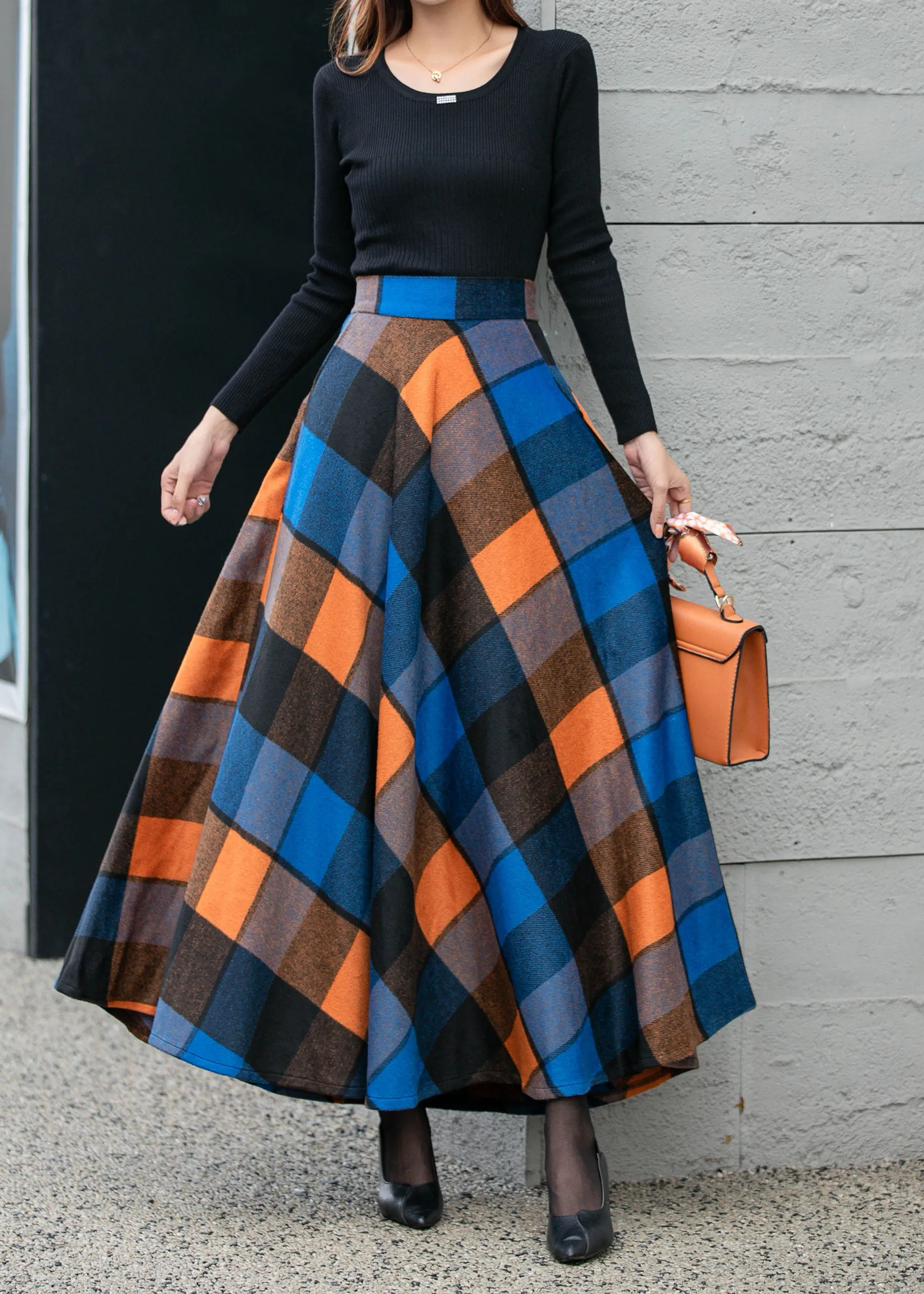 Womens winter plaid long wool skirt 4677