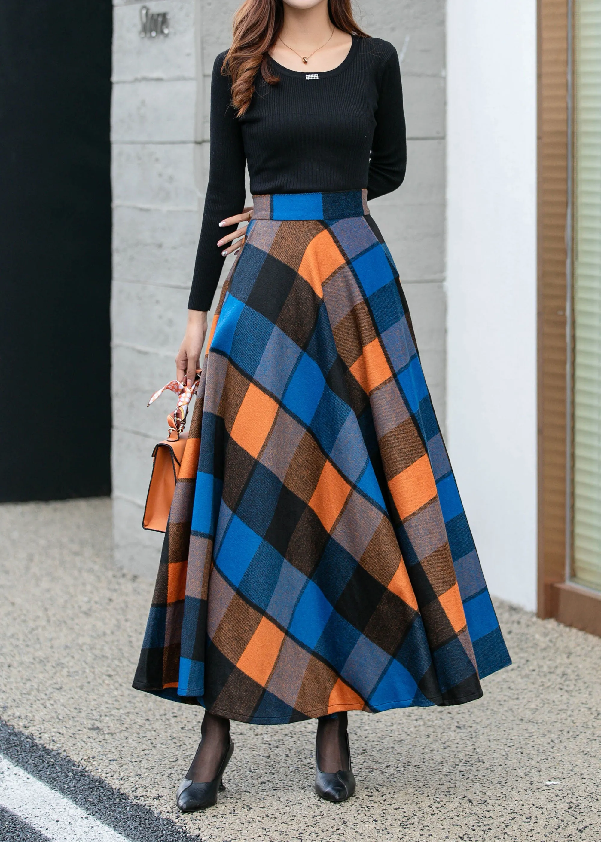 Womens winter plaid long wool skirt 4677