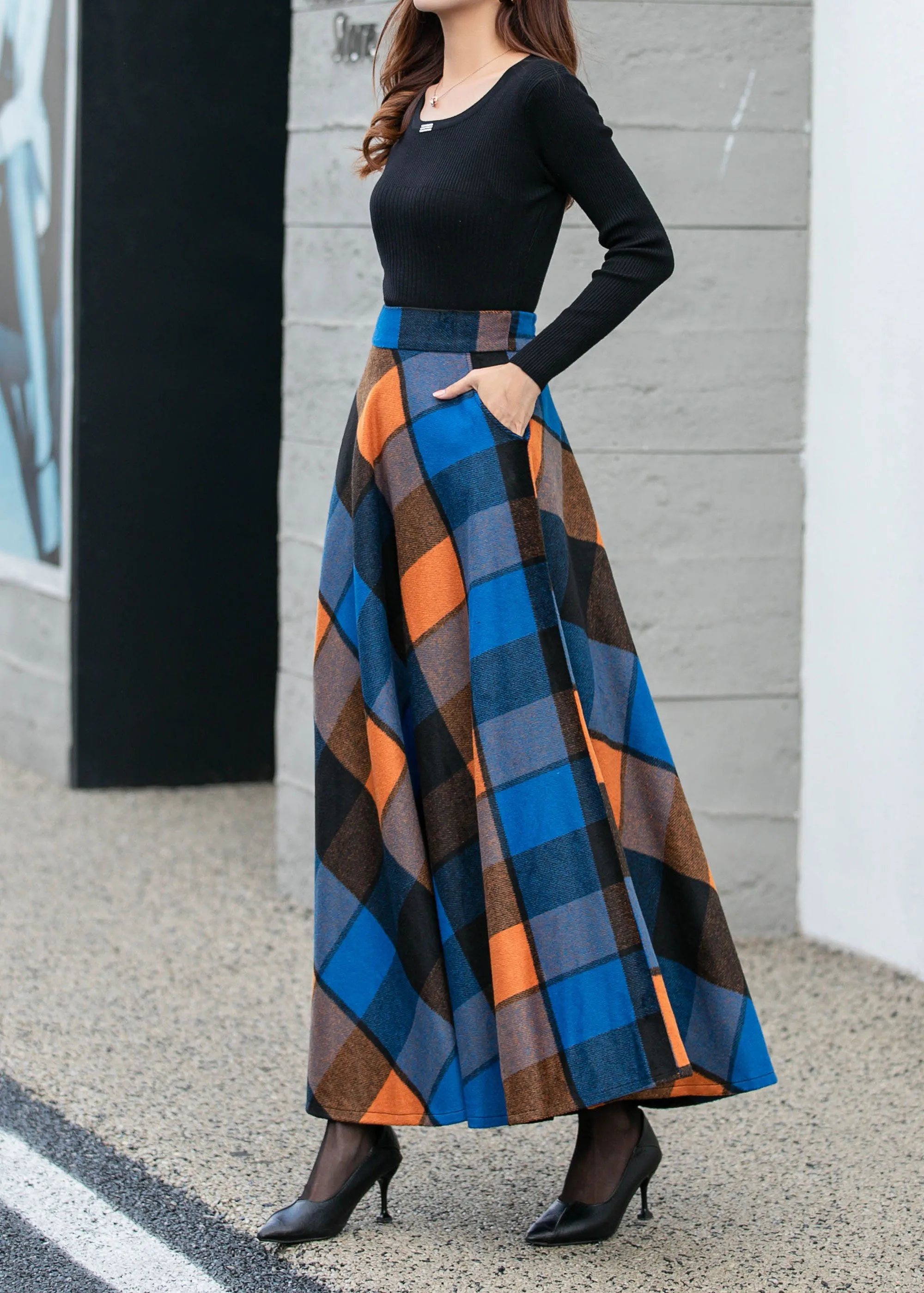Womens winter plaid long wool skirt 4677