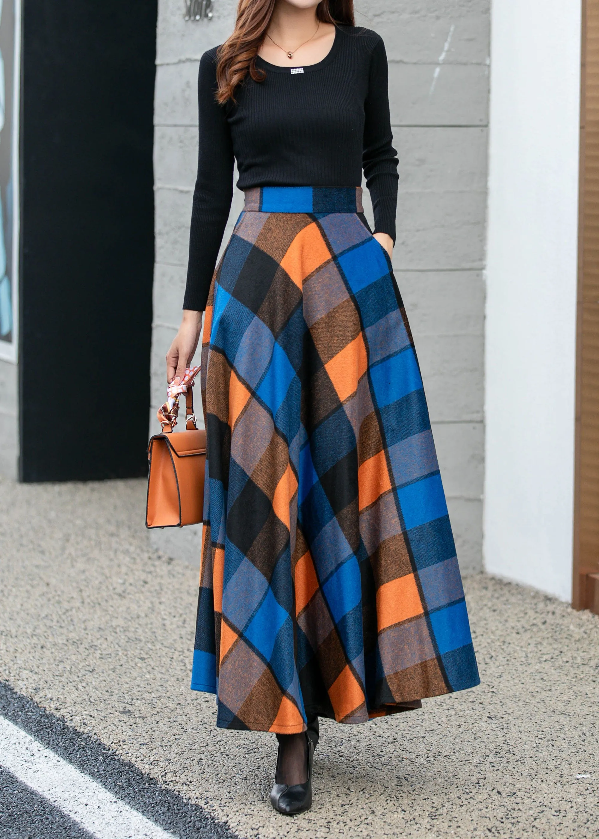 Womens winter plaid long wool skirt 4677