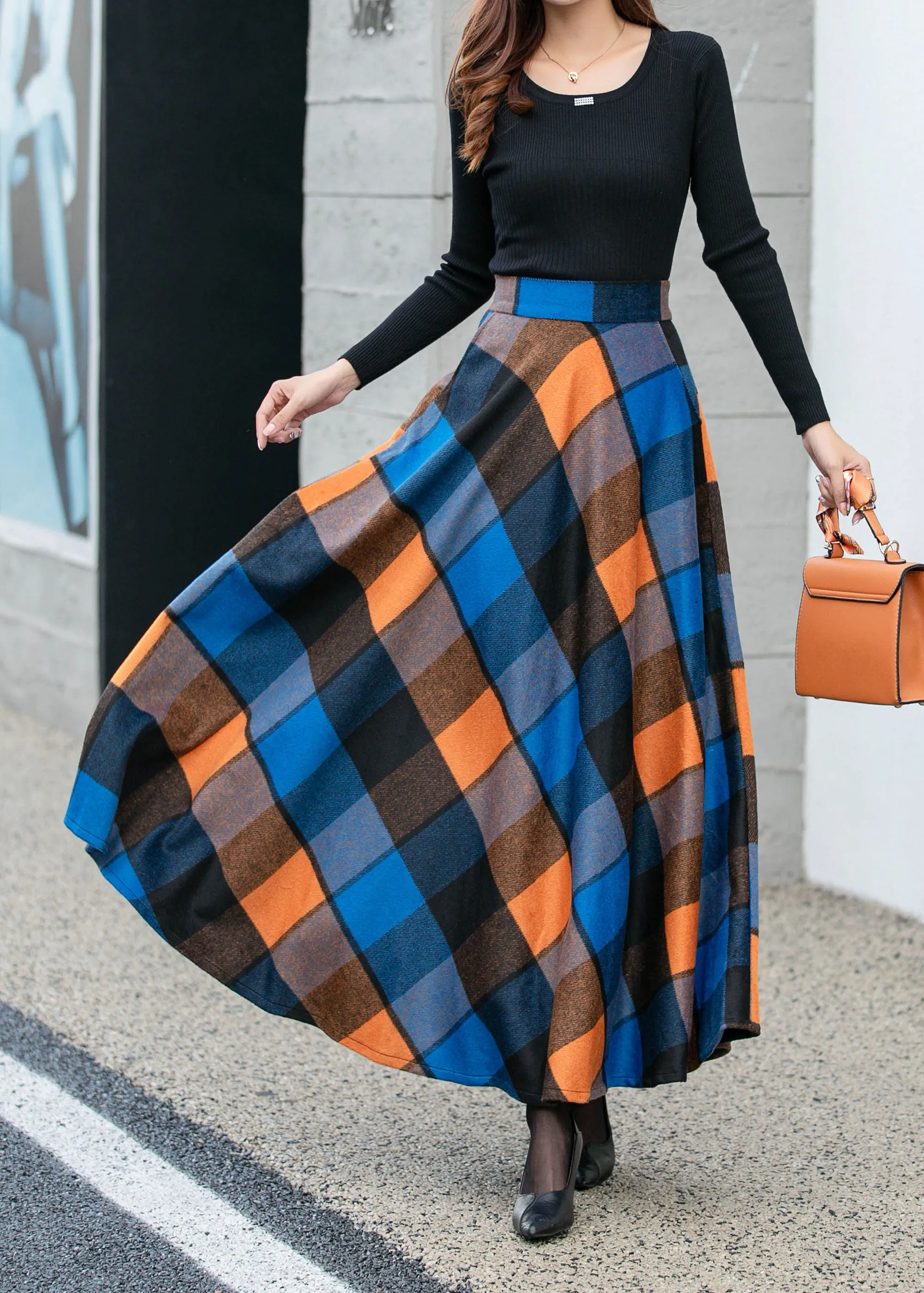 Womens winter plaid long wool skirt 4677